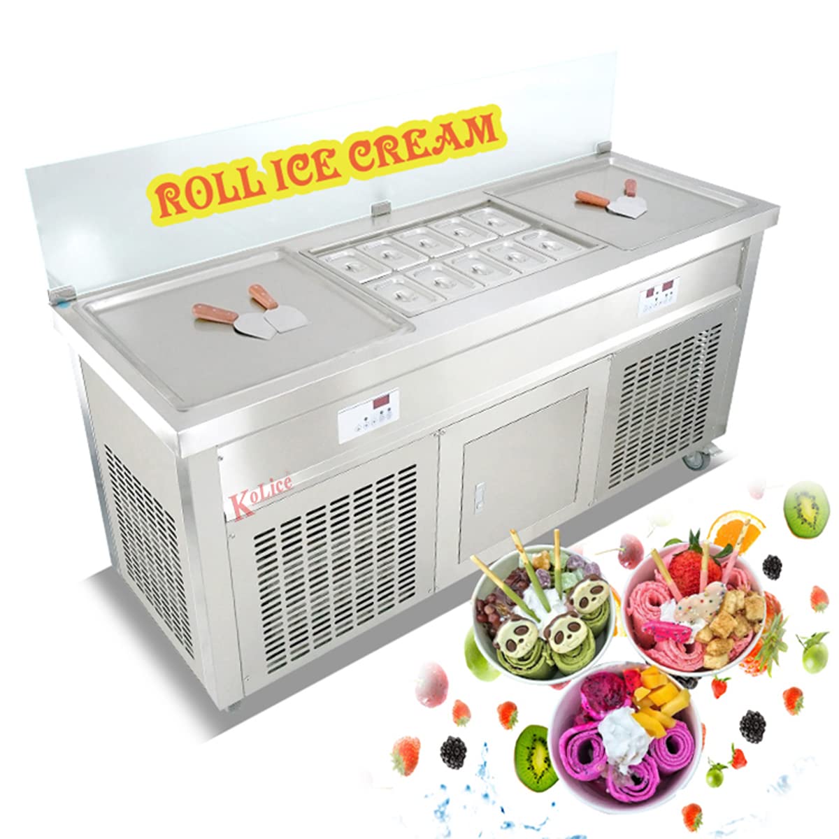 Kolice Commercial ETL 21'' x 21'' Double Square Pans Instant Stir Fried Ice Cream Roll Machine Rollup Ice Cream Machine-Smart AI Temperature Control, Transparent Sneeze Guard,10 Refrigerated Buckets