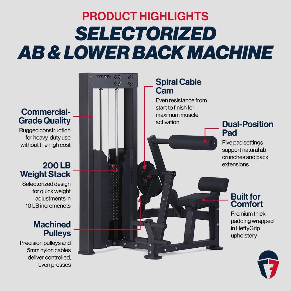 Titan Fitness Selectorized Abdominal & Lower Back Machine, 200 LB Weight Stack, Adjustable 2-in-1 Ab and Back Workout Equipment, Home Gym Exercise Machines