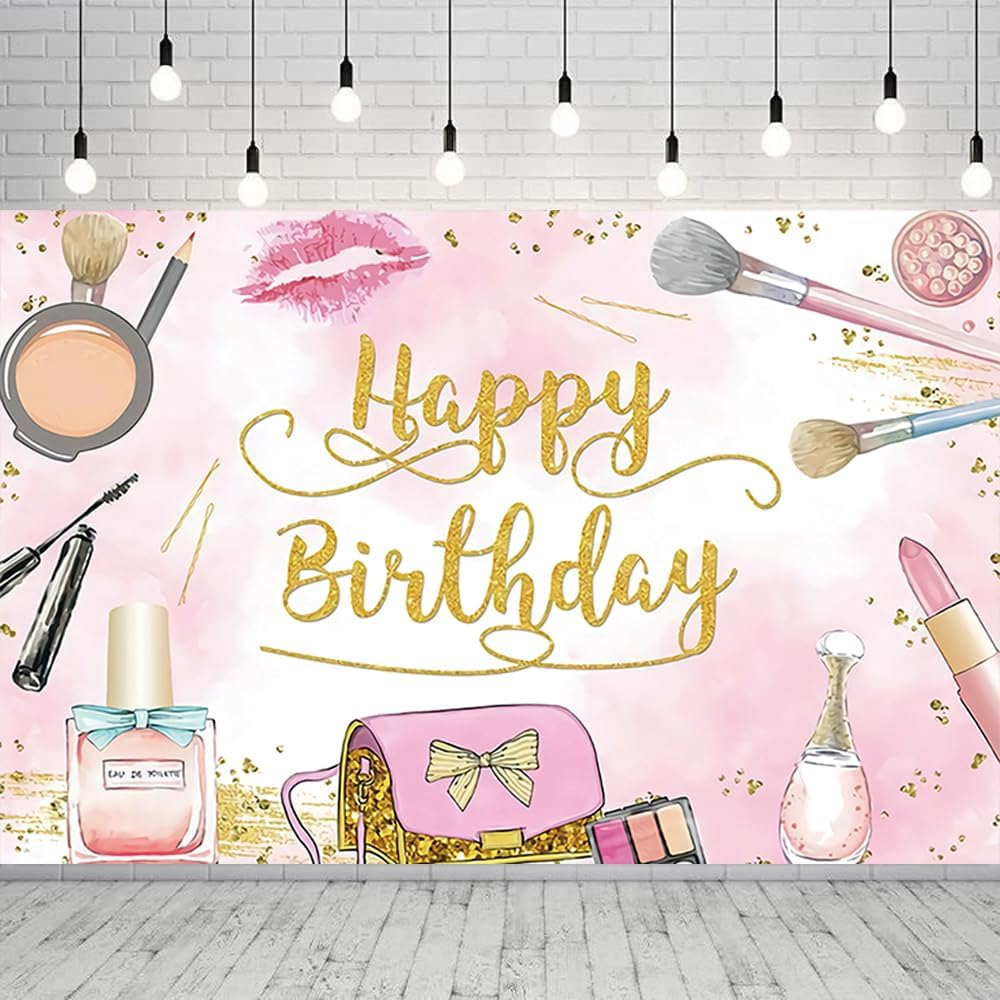 Generic 16th Makeup Spa Happy Birthday Backdrop for Girls Women Princess Pink Make Up Photography Background Sweet