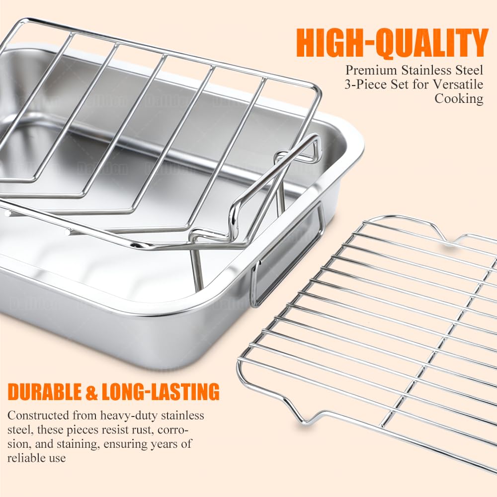 Roasting Pan Kit 15.5x11.5 Inch, Stainless Steel Turkey Roaster Baking Pan for Ovens-Heavy Duty Turkey Roaster V Rack & Cooling Rack, Deep Broiling Pan for Thanksgiving Christmas,Dishwasher Safe