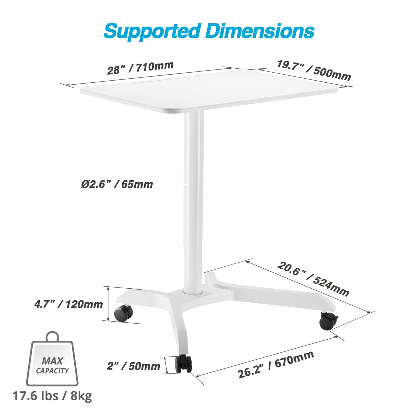 AVLT 44-inch Ambidextrous Pneumatic Laptop Standing Desk Cart (3 ft 8 in), Mobile Rolling Desk with Adjustable Height, Folding Computer & Projector Cart, White Cart with Brakes