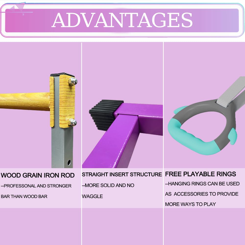 GLANT Gymnastics Bar for Kids with Swing Set, 8 Heights Adjustable Easy Folding Gymnastic Training Bar Kids Monkey Horizontal Bars - Max Load 300LBS (Purple-MAT)