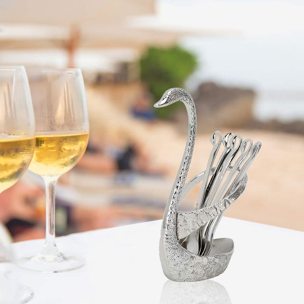 6PCS Small Coffee Spoon Holder Set, Stainless Steel Mini Spoons Dessert Teaspoons Decorative Swan Base Holder with 6PCS Demitasse Espresso Spoons for Coffee Bar, Coffee Station, Party