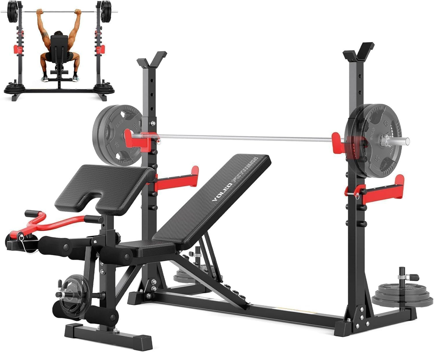YOLEO Weight Bench with Rack -47.44”Wide Bench Press Set, Safety Catch for Squat, Leg Extension, Preacher Curl & Flat/Incline/Decline Full Body Workout Bench, Adjustable Olympic Weight Benches for Home Gym