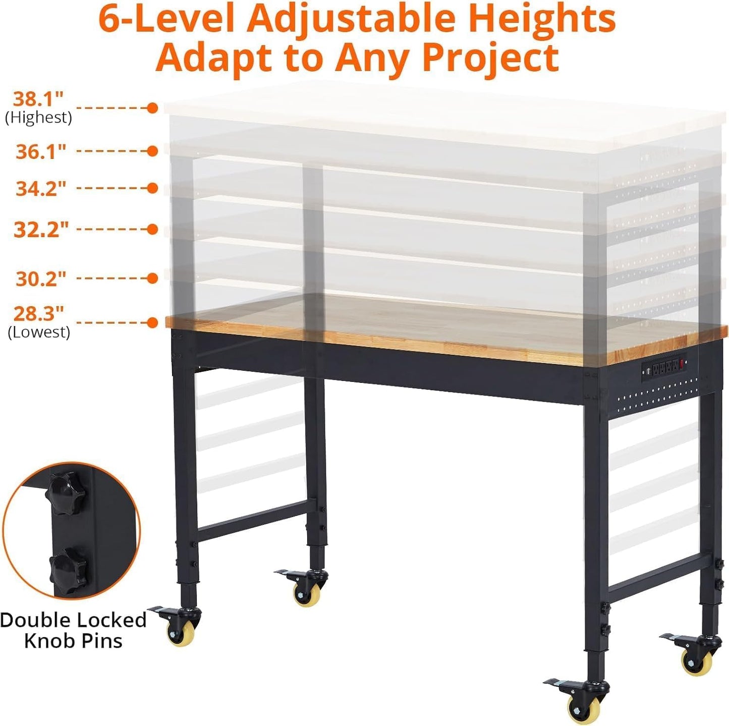60" Adjustable Garage Workbench with Wheels, 2000LB Capacity, Hardwood Top, Power Outlets, Heavy Duty Work Table for Workshop, Home Office, Tools