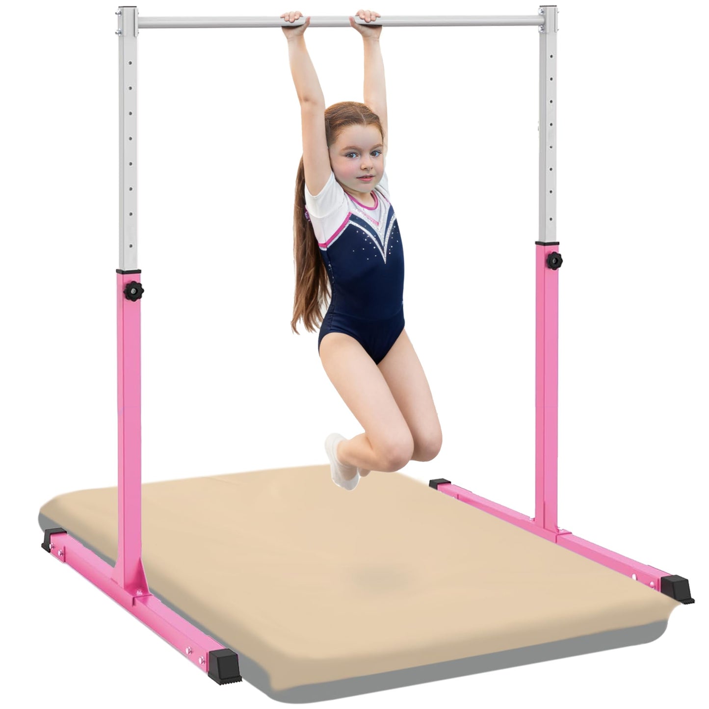 Jivifao Gymnastics Bar with Self-Inflating Mat, 3' to 5' Adjustable Height, Gymnastic Kip Bar Horizontal Bar for Kids Ages 3-15, Anti-Slip and Easy to Assemble, Home Gym Equipment Indoor