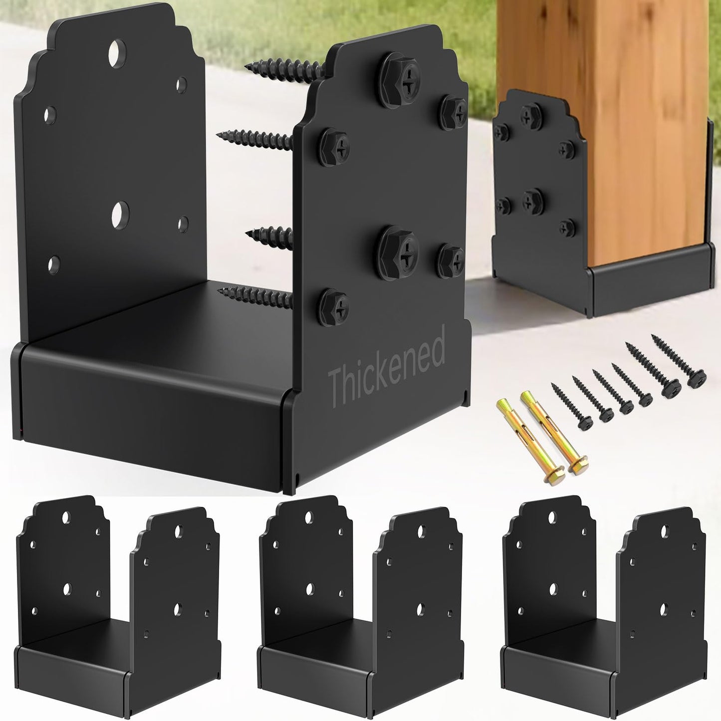 KOMOHOM 6x6 Post Base Brackets（4PCS） Heavy-Duty Post Bracket Surface Mount for Concrete, Thickened Pergola Brackets, 10,000 lbs Capacity, Black, Hidden Fasteners
