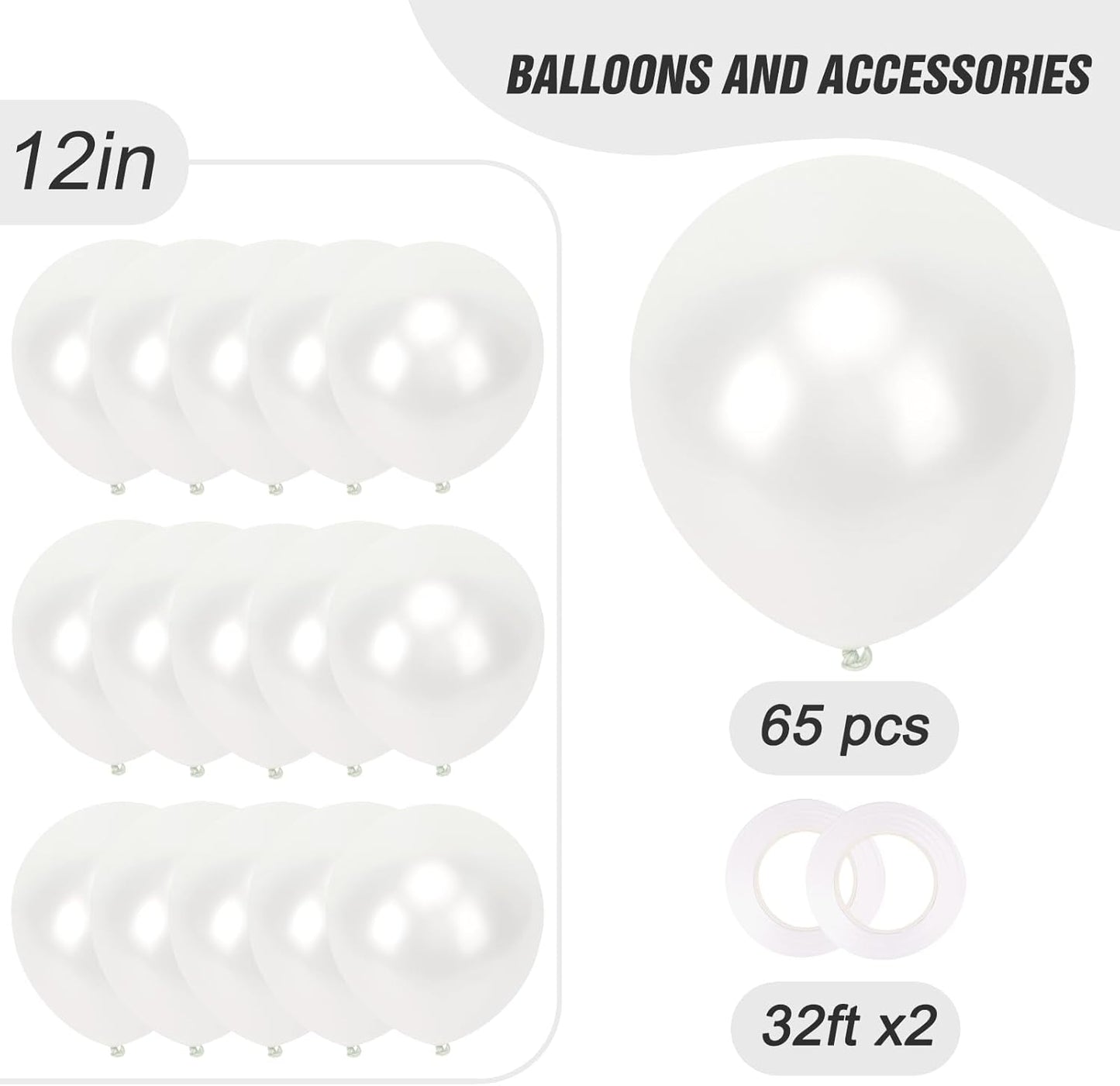 RUBFAC Pearl White Balloons - 12 Inch Party Balloons with Ribbons | 65pcs for Weddings & Celebrations