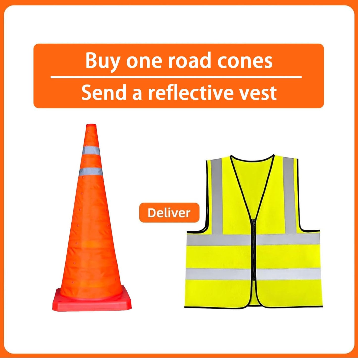 18 Inch 1 Pack Collapsible Traffic Safety Cones,with High-Visibility Reflective Vest, Multi Purpose Pop-up Cones with Reflective Collar for Road Safety, Orange Cones for Driving Training, Parking Lots