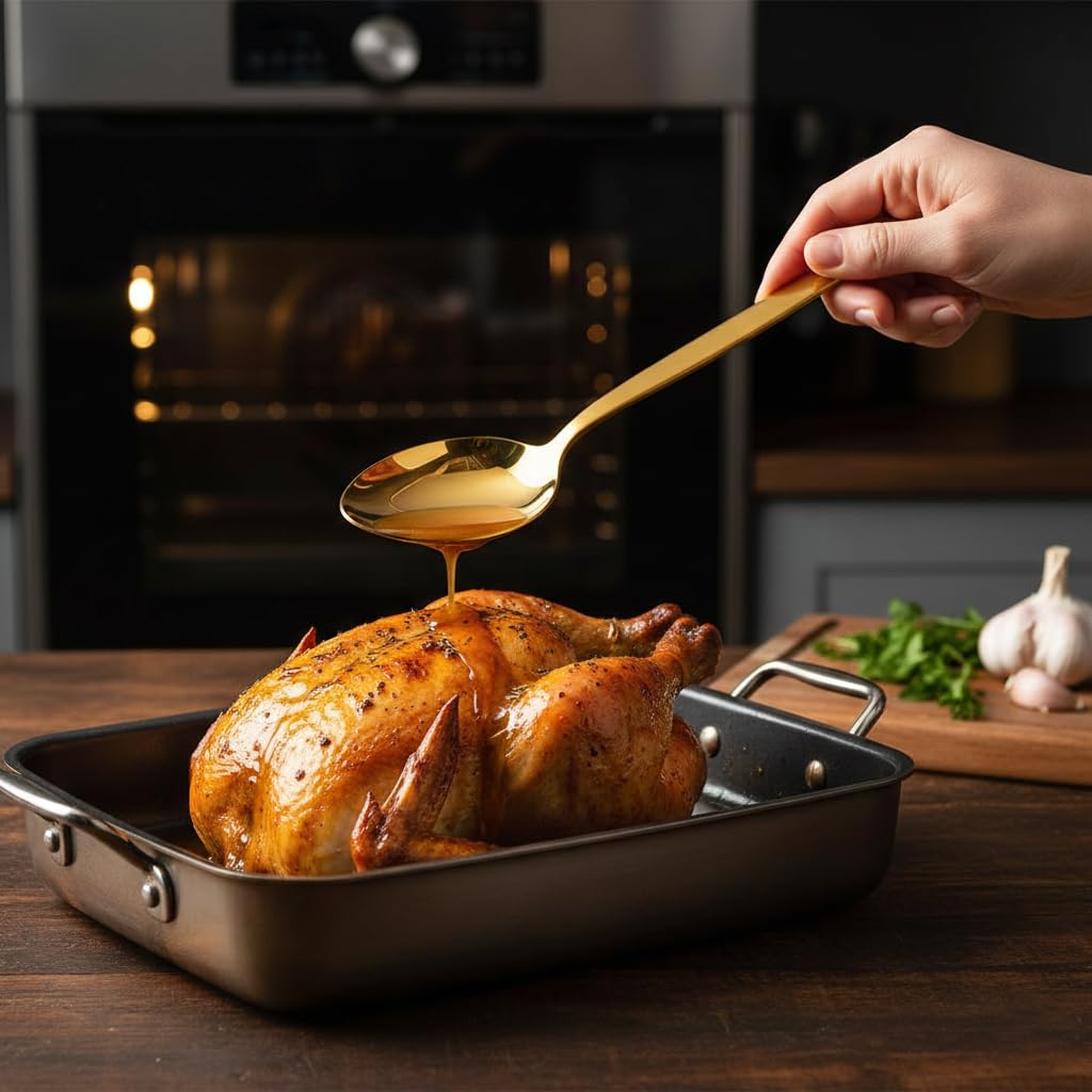 BNAZIND Chef Kunz Spoon Gold | Titanium Shiny 18/10 Stainless Steel Cooking Serving Spoon | 9 Inch Saucing, Plating, Basting, Quenelle, Daily Chef Spoons | Dishwasher safe