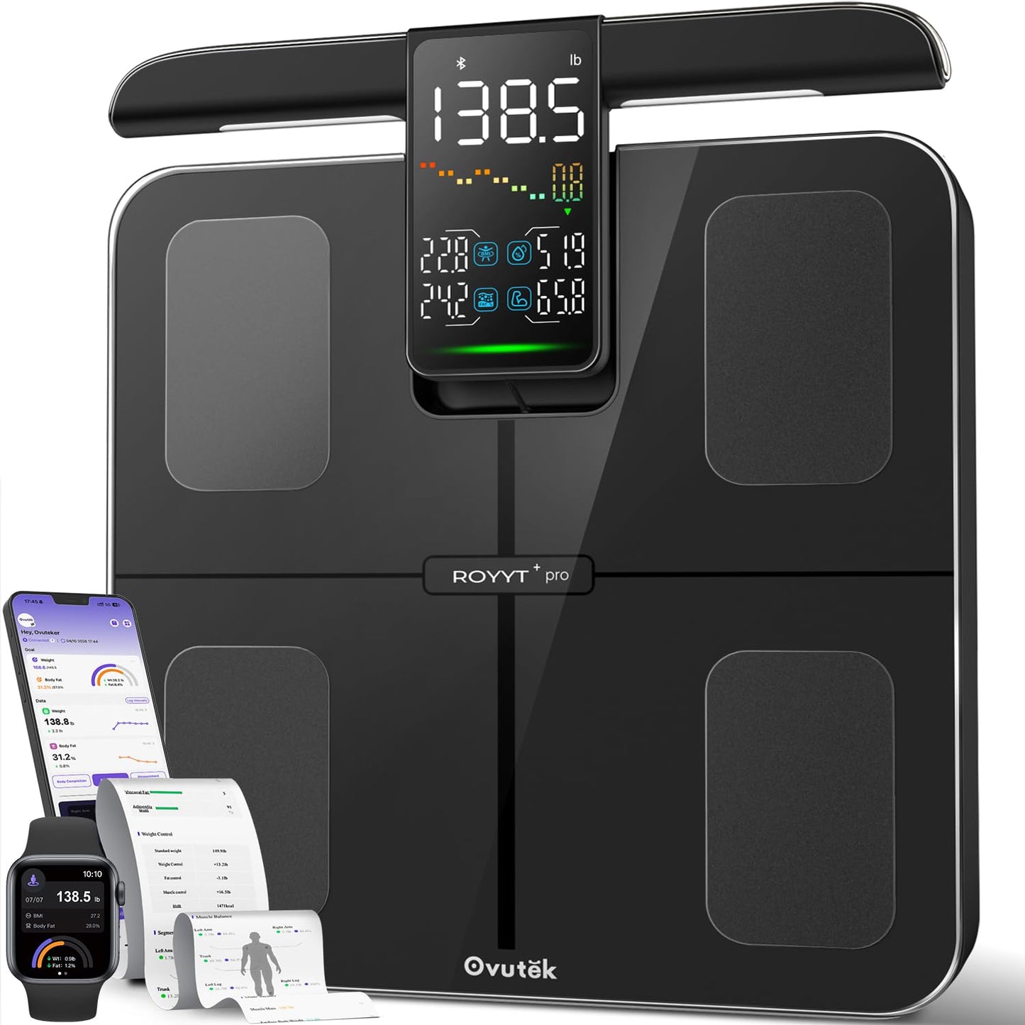 Ovutek Smart Scale for Body Weight: 8-Electrode 57 Measurements Professional Body Composition Analyzer - 500lb Accurate Bathroom Digital Weight Scale with BMI, Body Fat, Muscle Mass 5.3″ Color Display