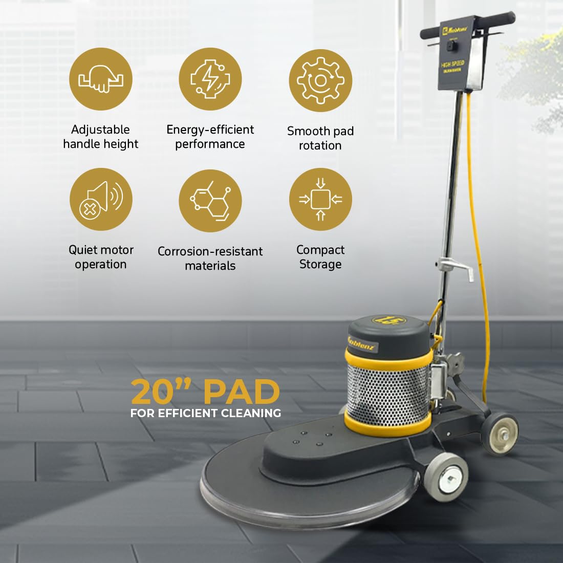 Koblenz B-1500-P High Speed Floor Buffer, 1.5 HP Commercial Burnisher, 20 in Pad, 50 ft Cord, Polishing Machine, Cast Aluminum, Floor Buffer Machine, Non-Marking Wheels