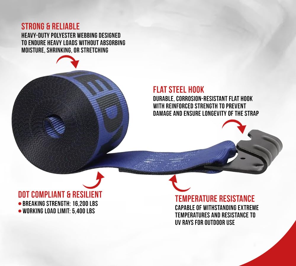 Mytee Products Kinedyne Winch Straps 4" x 30" Blue Heavy Duty Tie Down w/Flat Hooks WLL# 5400 lbs | 4 Inch Cargo Control for Flatbed Truck Utility Trailer (10 Pack)