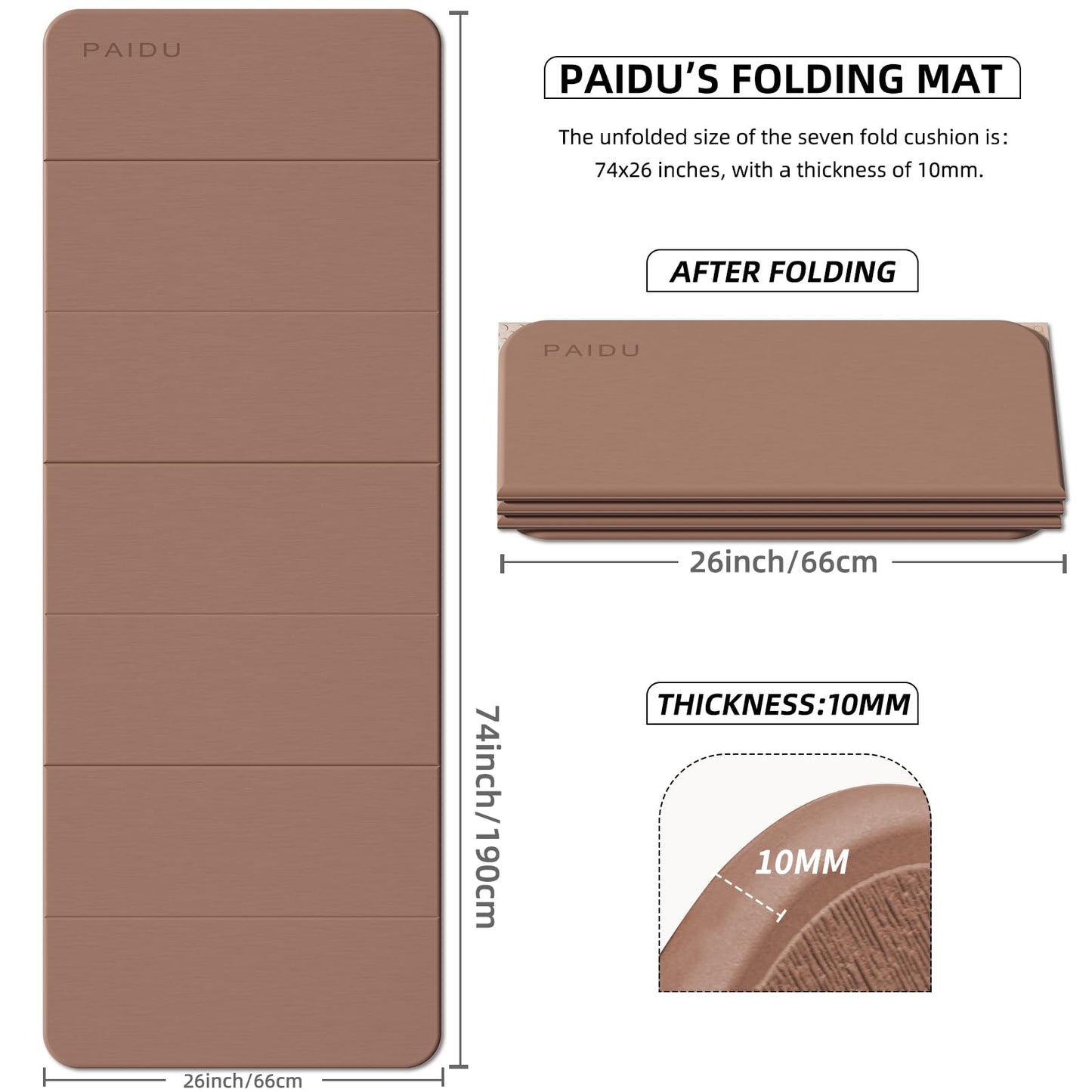 PAIDU Foldable Fitness Yoga Mat | 2/5" (10MM) Extra Thick | SGS Certified Non-Slip TPE | 76x26" Extra Long-Wide | Portable & Easy Store | for Yoga, Pilates, Home Gym & Full-Body Workouts (Brown + apricot)