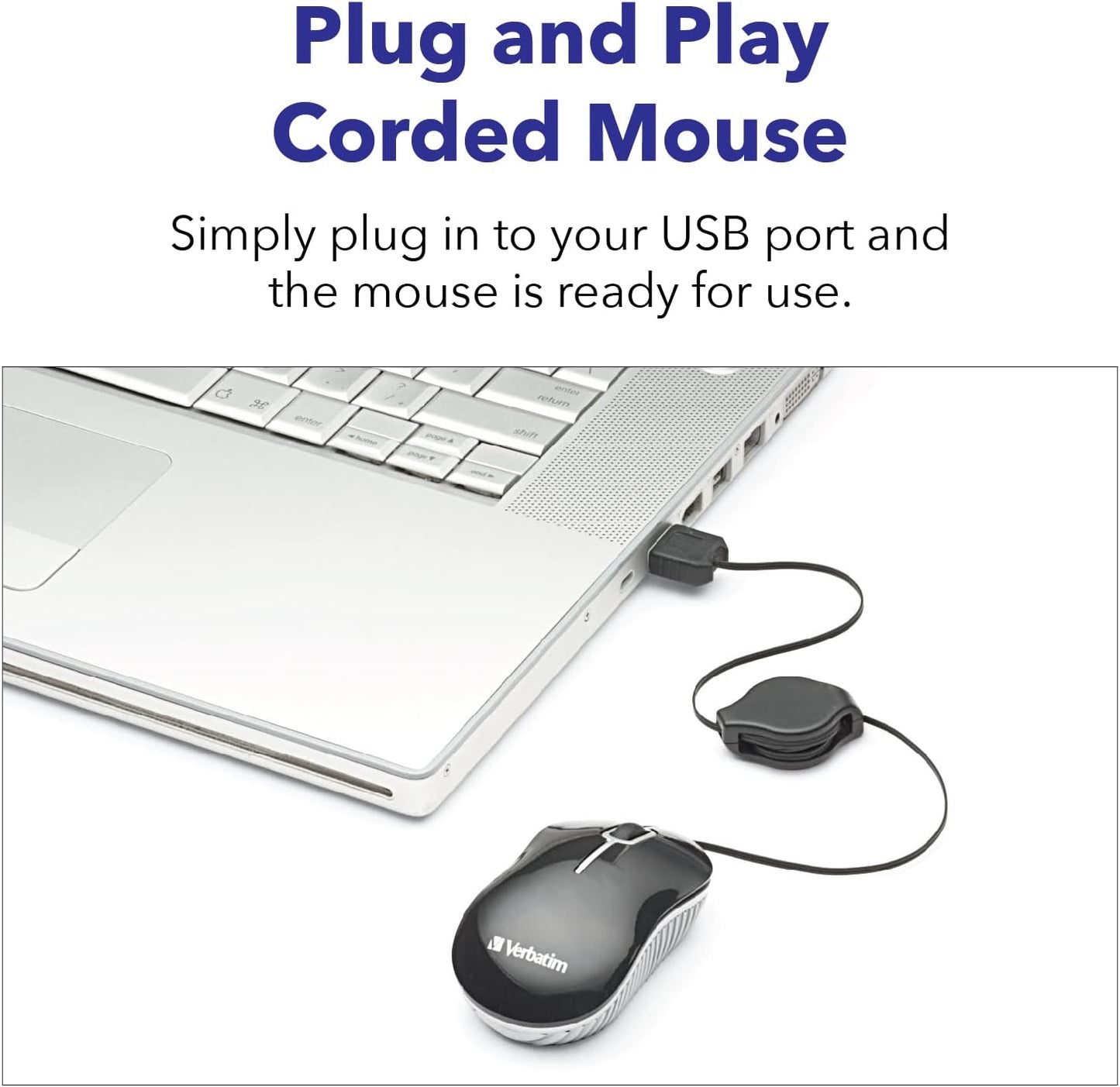 Verbatim 98616 Wired Optical Computer Mini USB-A Mouse - Plug & Play Corded Small Travel Mouse with Retractable Cable