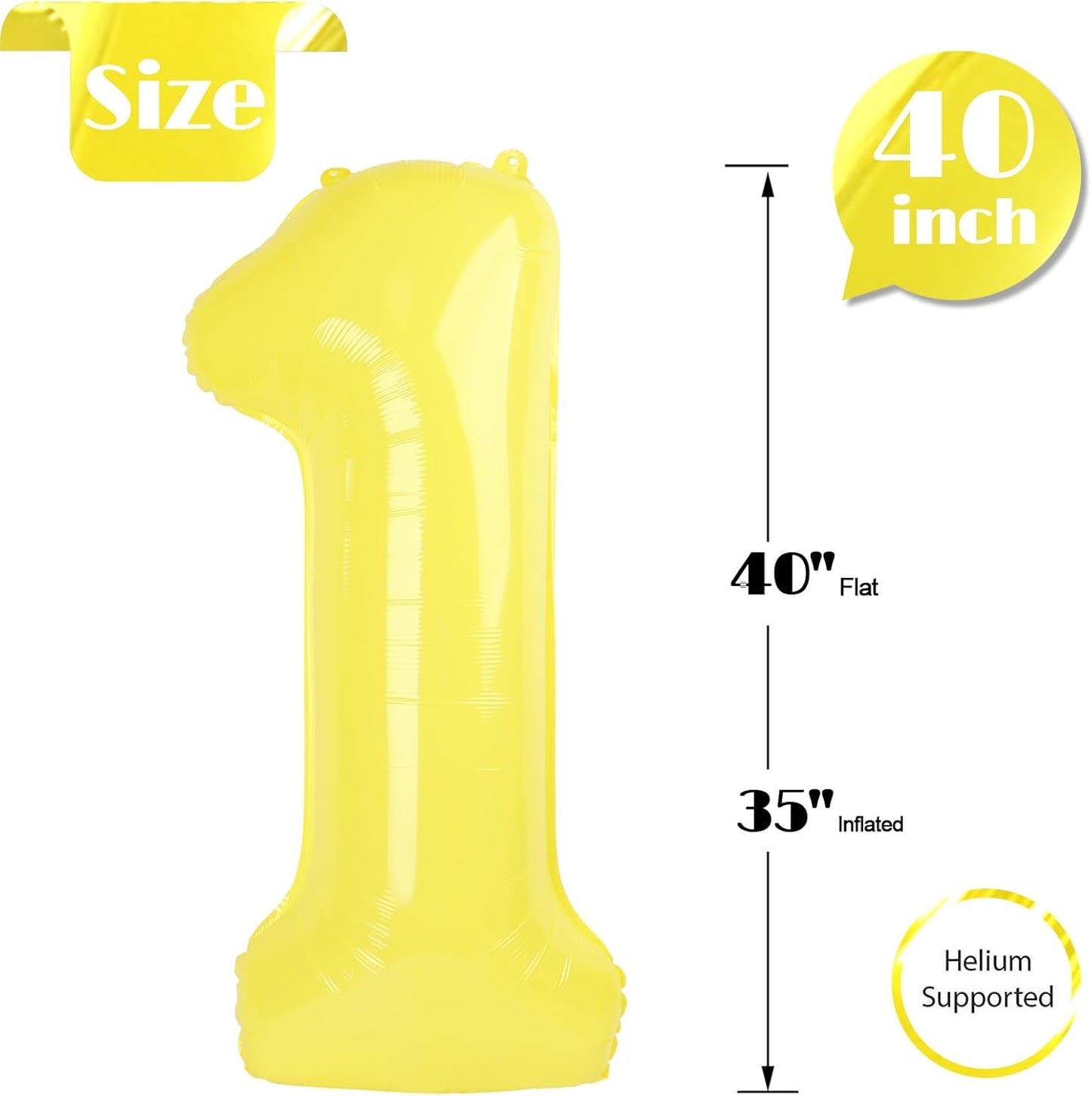 Yellow Number 1 Balloon - 40 Inch Shiny Birthday Decoration for Baby Boy/Girl First Birthday