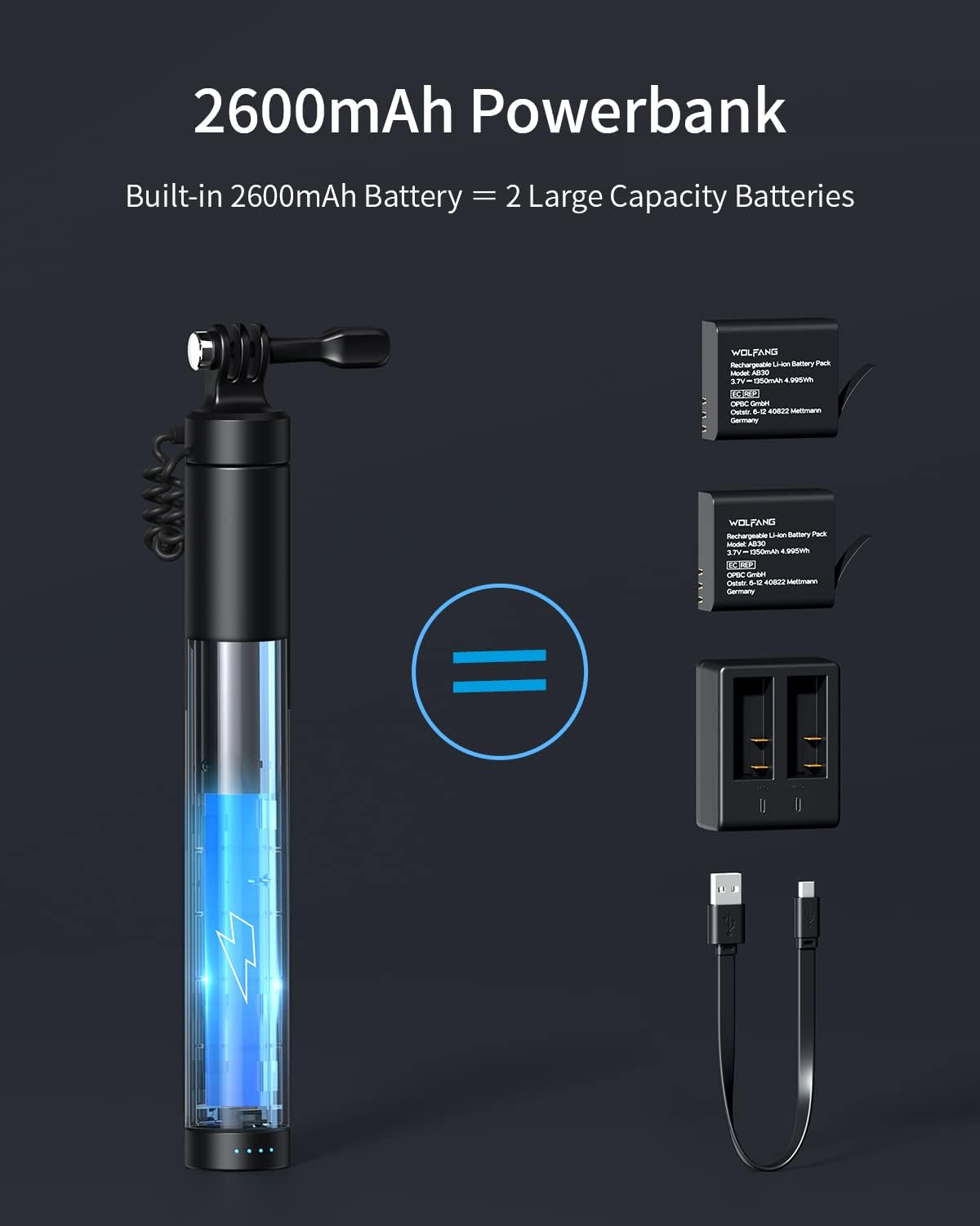WOLFANG GB2200 2600mAh Travel(24-60CM) Rechargeable Selfie Stick with Rechargeable Battery, Selfie Stick Black Rotation