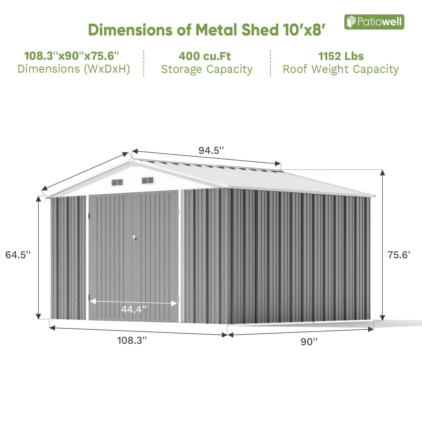 Patiowell 10 x 8 FT Outdoor Storage Shed, Large Garden Tool Metal Shed with Sloping Roof and Double Lockable Door, Outdoor Shed for Backyard Garden Patio Lawn,Grey