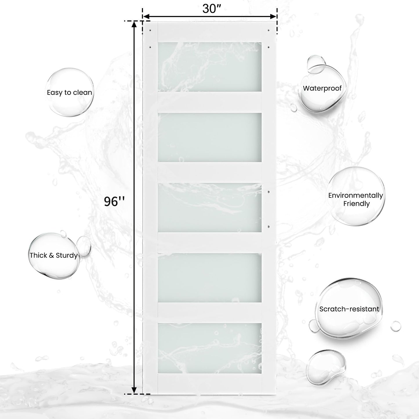 SmartStandard 30 x 96 in Glass Barn Door with 5FT Sliding Hardware Kit & Handle, Pre-Drilled Ready to Assemble, Waterproof PVC Coating, White, 5-Panel Glass
