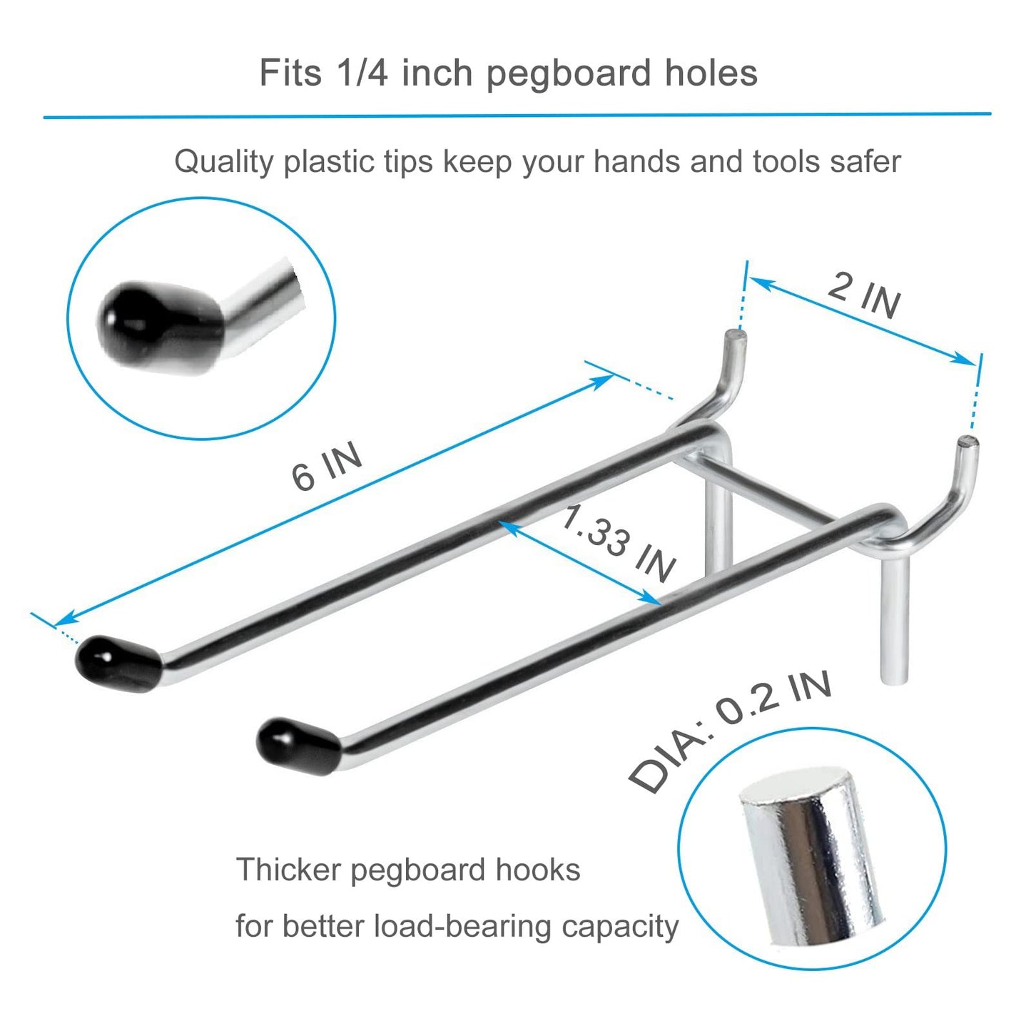 Nlmyt 10 Pcs Pegboard Hooks, 6 Inch Peg Board Hooks, Pegboard Pegs Accessories with Rubber Tipped, Double Peg Hook Fit 1/4” Hole, Heavy Duty Tool Utility Hook for Hanging Tools, Bags and More