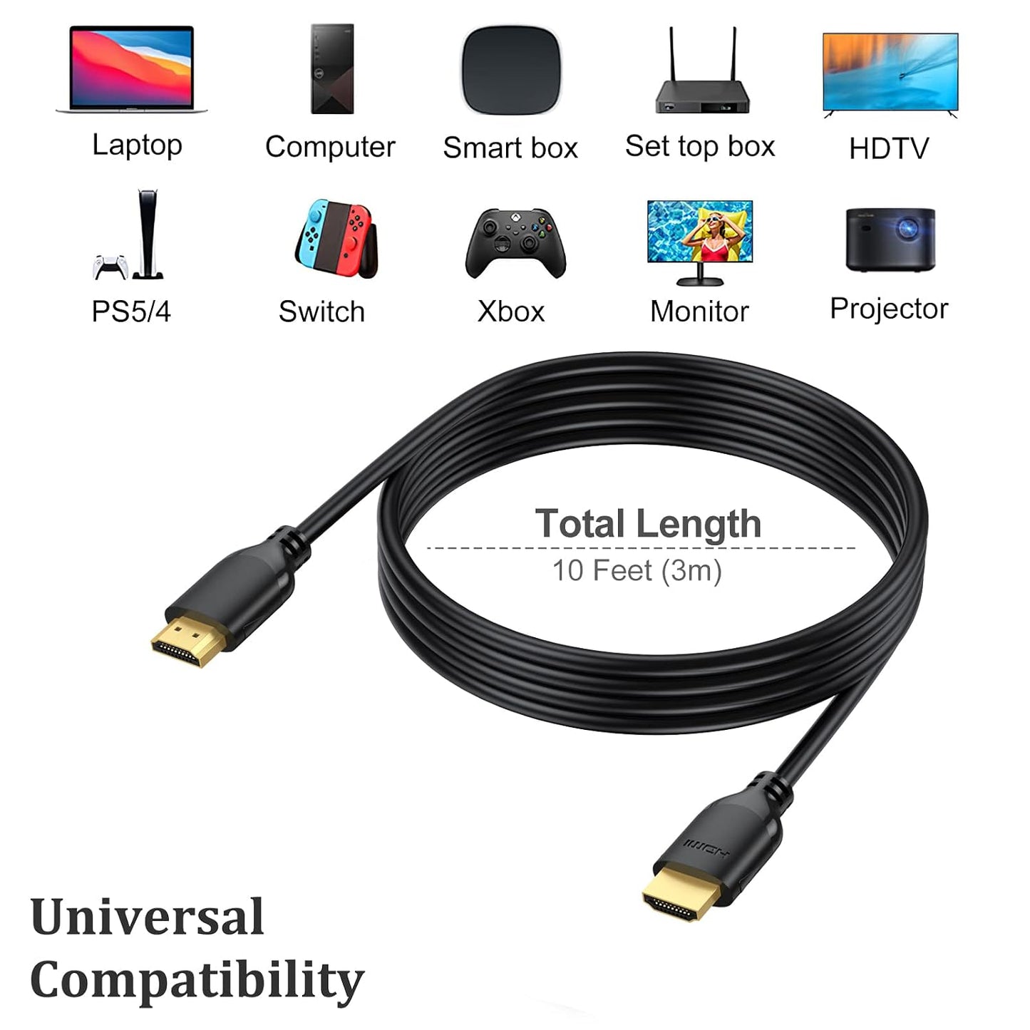 4K 10FT 5-Pack, 10 4K@60Hz, 2K 1440P@144Hz, 1080P, 2.2, 3D, PS5, PS4, HDMI Cable HDMI Cord Foot High Speed HDMI to HDMI