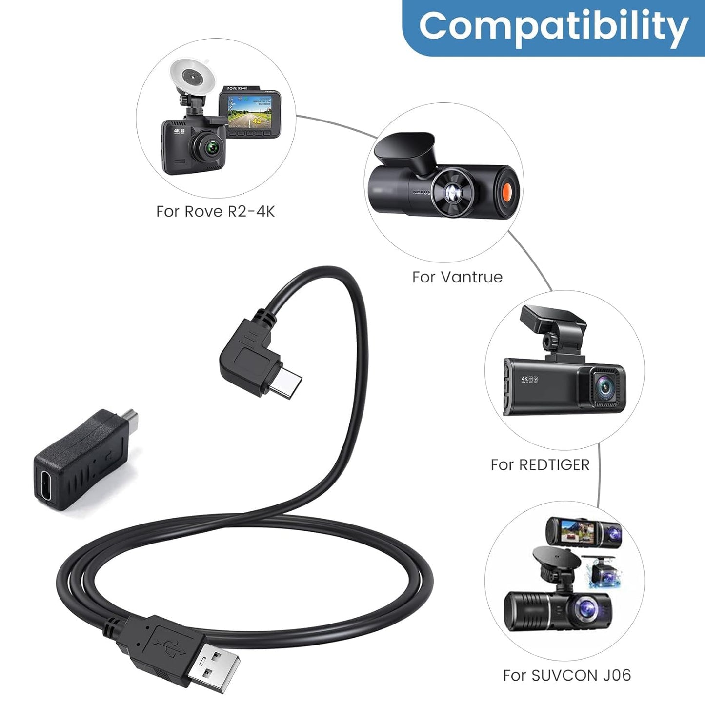 R2-4K, 11.5 USB C Dash Cam Cable for Rove ft Power Cord for REDTIGER Car Dashboard Camera, with Mini USB Adapter