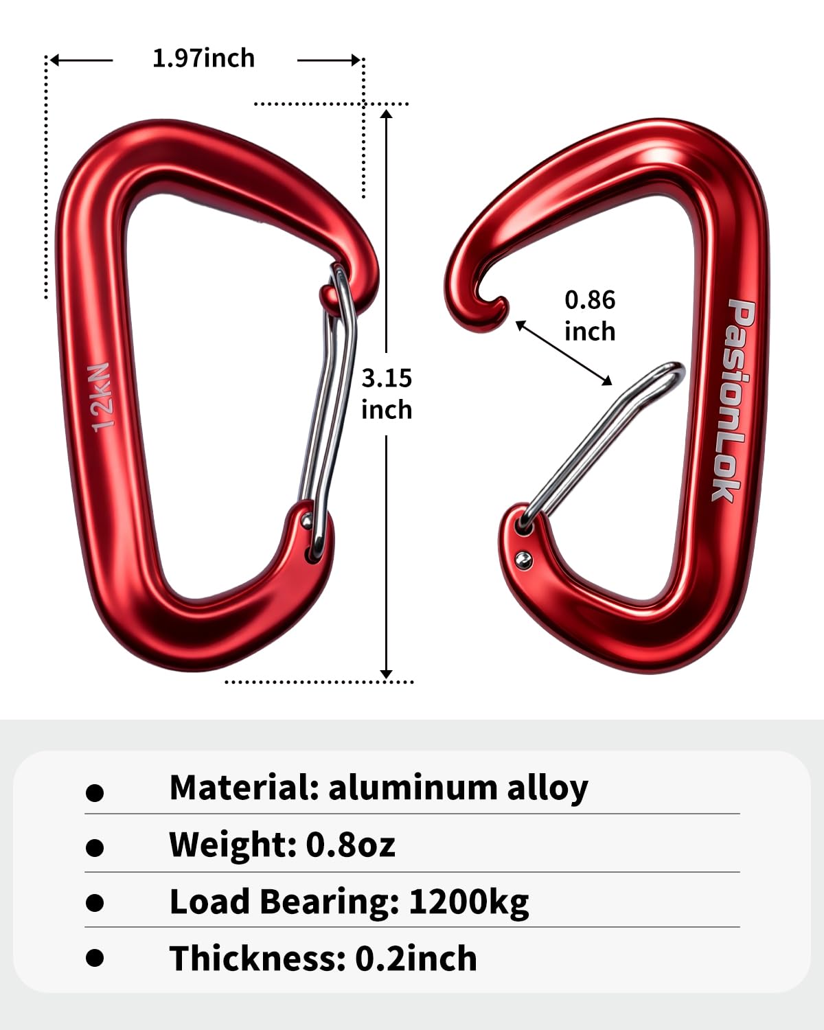 PasionLok Carabiner Clips Heavy Duty 12KN, 2 Pack Aluminum Carabiner Keychain, Small D Ring Hook for Hammock Camping Essentials, Backpack Key Ring Clip, Dog Leash, Multi Color