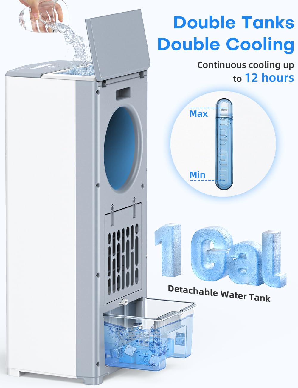 MYICY 27 INCH Evaporative Air Cooler, Windowless Swamp Cooler Portable Air Conditioners w/Normal/Natural/Sleep/Cooling Mode,3 Speeds,Double Tanks& Remote & Smart Timer, Bladeless Air Cooler for Room