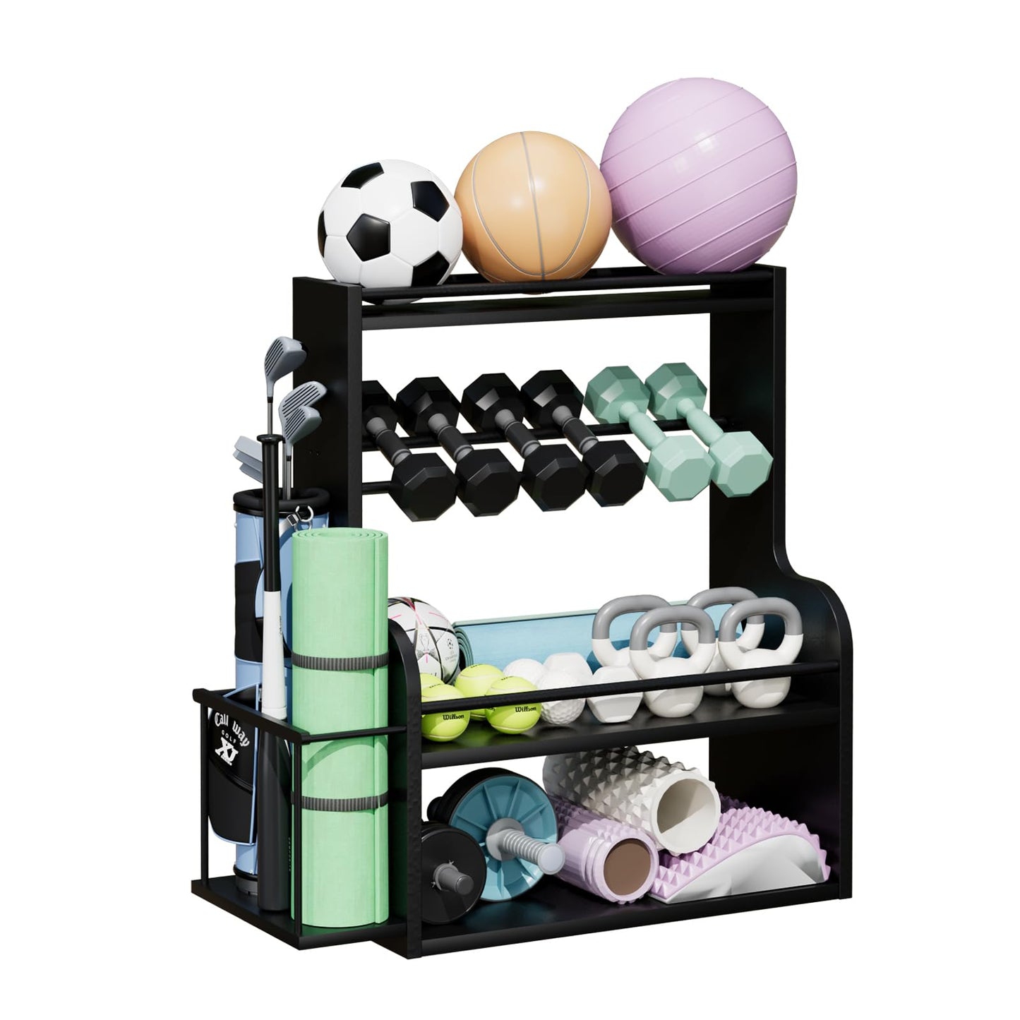 APRTAT Bamboo Dumbbell Rack, Adjustable Weight Rack for Home Gym, All-in-One Workout Equipment Storage for Dumbbells, Kettlebells, Yoga Mats & Balls（Black）
