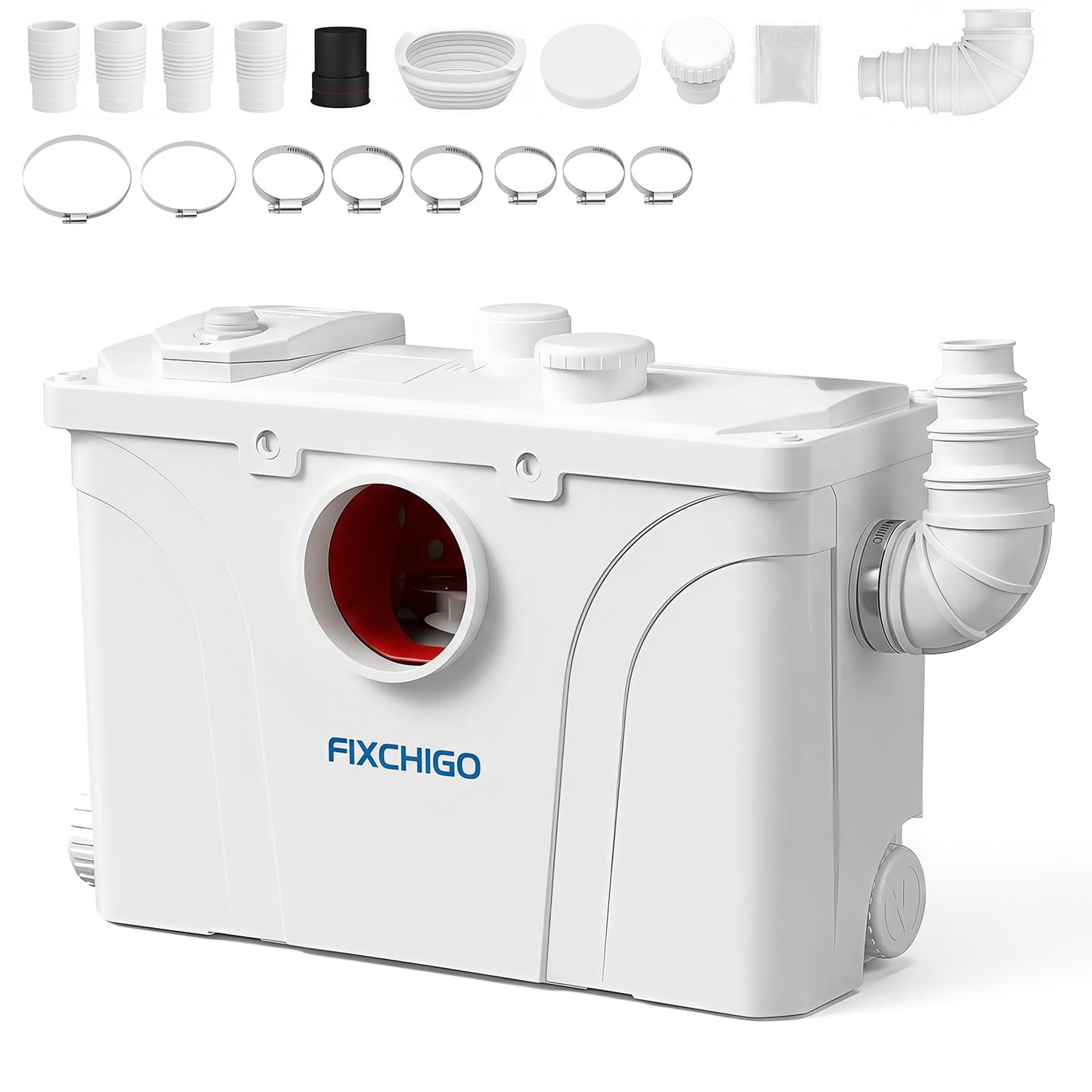 FIXCHIGO 800W Macerator Pump, Macerating Toilet System with 4 Inlets/1 Outlets, 48 GPM Flow, 29.5 FT Head, PCB Smart Control Sewage Pump for Basement, Sink, Toilet, Laundry, Kitchen