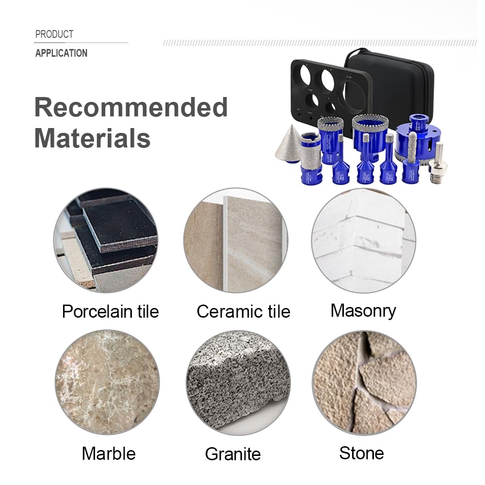 SHDIATOOL Diamond Drill Core Bits Kit Hole Saw Sets Diamond Drill Mould Guide for Drilling Porcelain Tile Marble Ceramic Granite with Hollow EVA Guide Jig 10pcs(6/8/10/25/35/50/65/10MM/2inch/HEX)