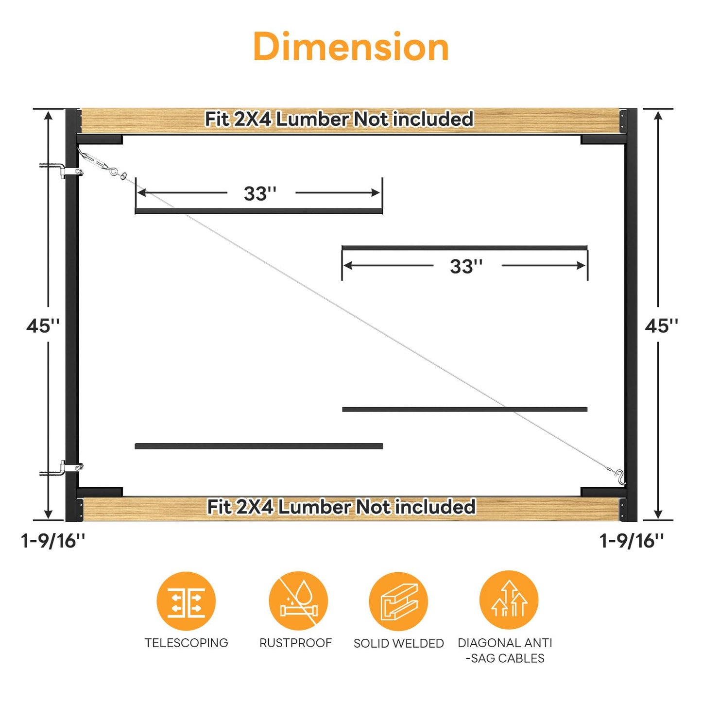 DIYHD Adjustable Full Frame Double Anti-Sag Gate Kit for 2x4 Lumber, Heavy Duty Powder-Coated Steel Hardware, Fits 33"-62" Wide, 4FT-5FT High Fence Gates for Garden, Driveway, Yard, Pool, 2 Pack