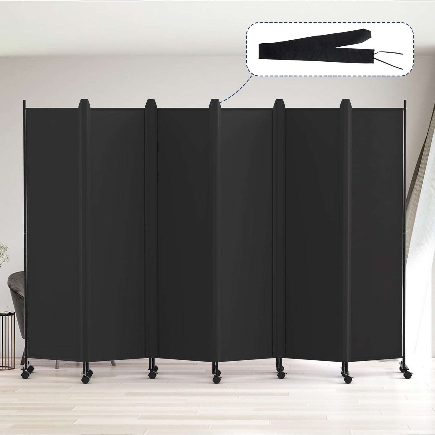 Kokorona 6 Panel Room Divider, 6FT Tall Rolling Privacy Screen with Lockable Wheels, Folding Wall Dividers Portable Room Divider for Room Separation, Included - Cover Strips, Black, 119''W x 70''H
