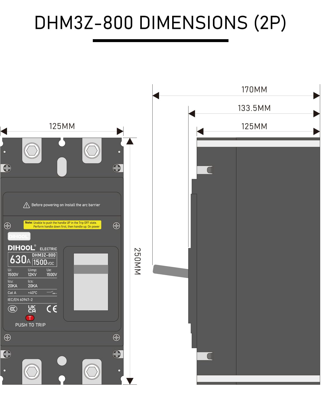DIHOOL 630 Amp DC Circuit Breaker,2P 1500V 20kA,Heavy Duty Battery Disconnect Switch with Thermal Magnetic Trip for Solar System