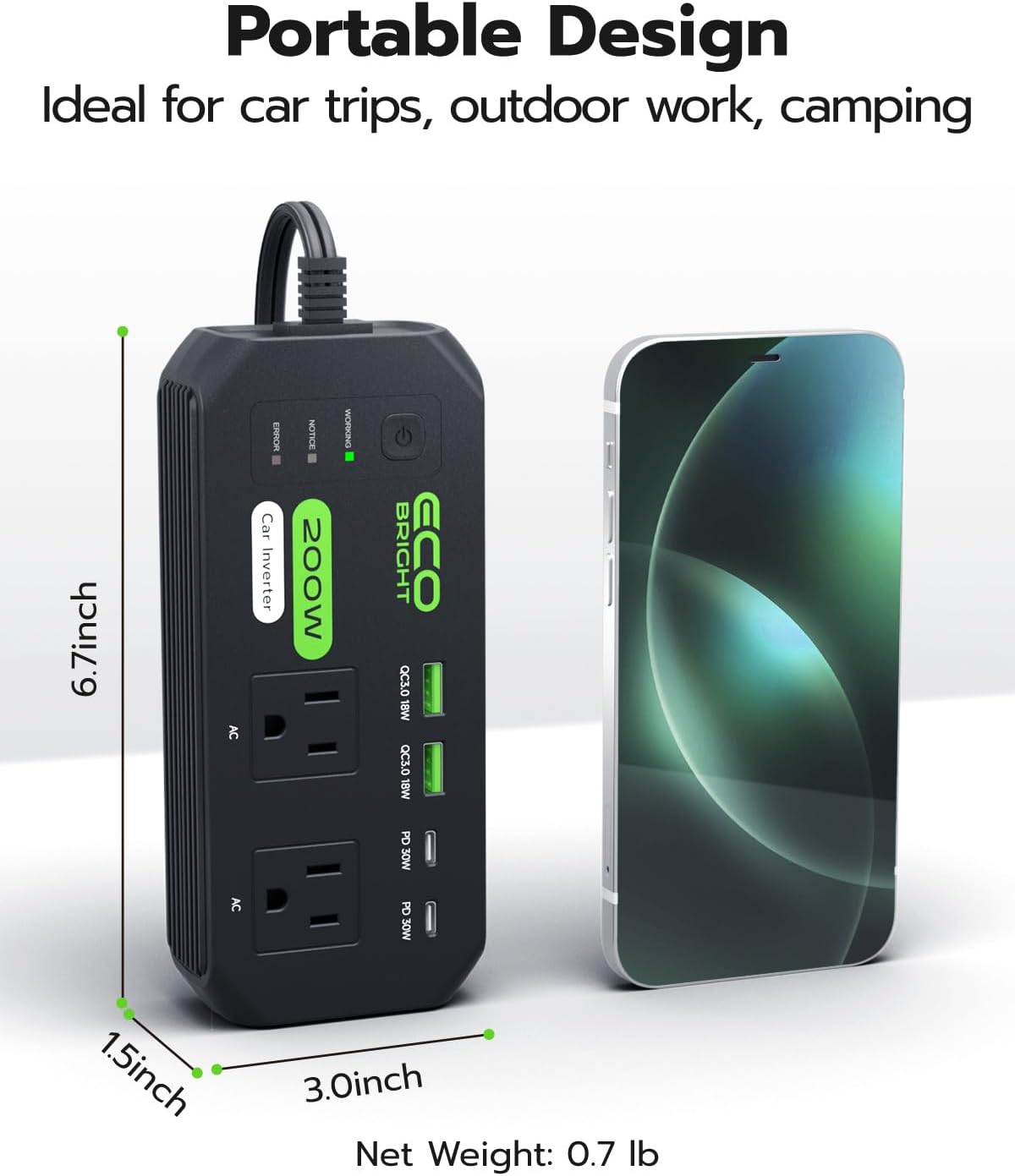 ecoBright 200W 12V 110V 30W 18W 2 12V Car Power Inverter DC to AC, USB-C & USB-A Fast Charging, AC Outlets for Laptop