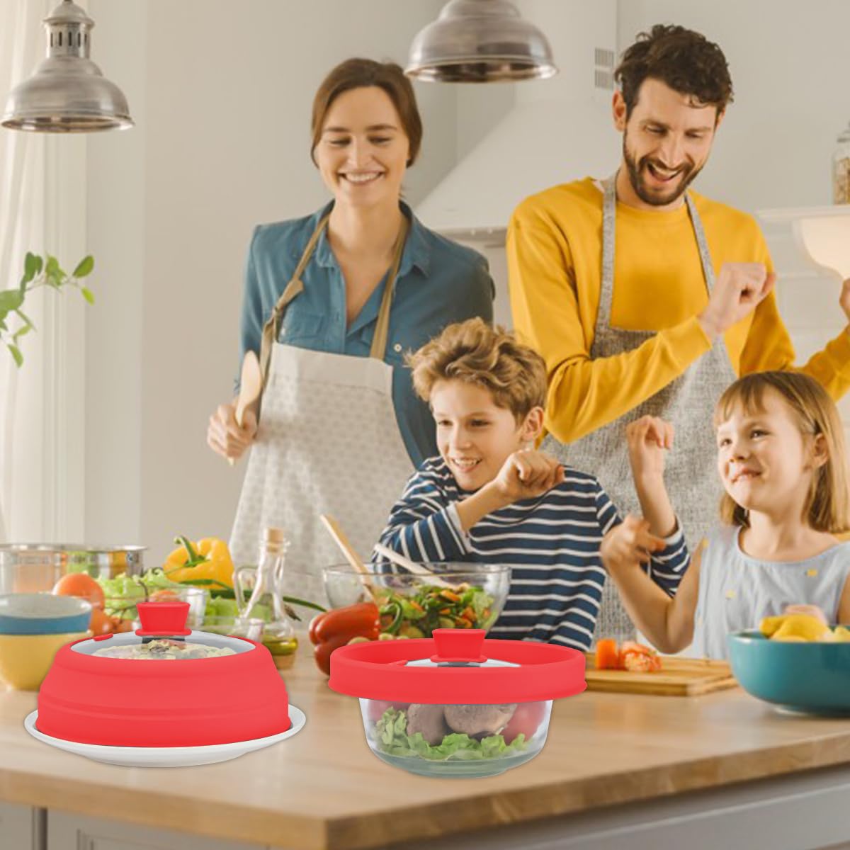 Microwave Splatter Cover Glass Splatter Guard Lid with Collapsible Silicone for Small Bowls Food Plate Cover 9 inch Red