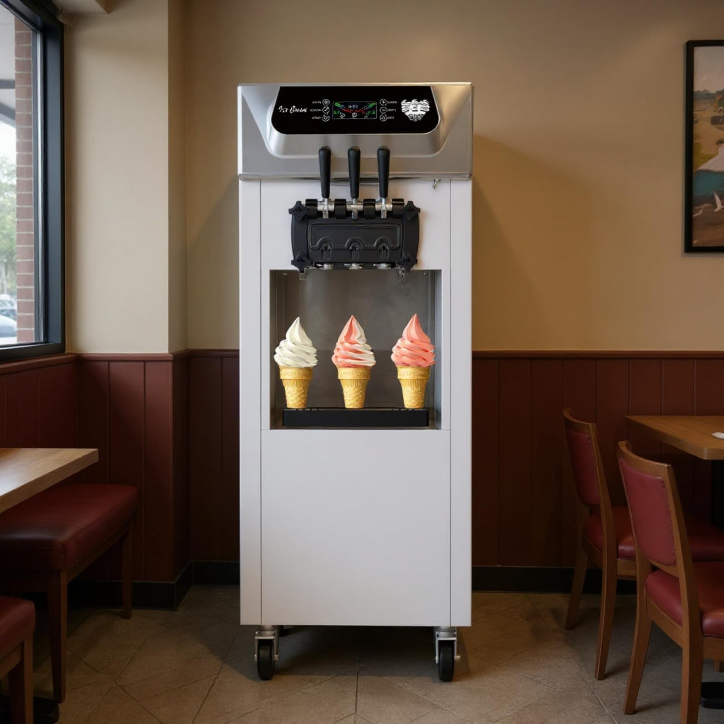 Commercial Soft Serve Ice Cream Machine 2200W, 5.8-8 Gal/Hr Yield, 2+1 Flavor with 2x7L Hopper & 3 Dispensers, Auto Clean & LCD Display for Restaurant Bars