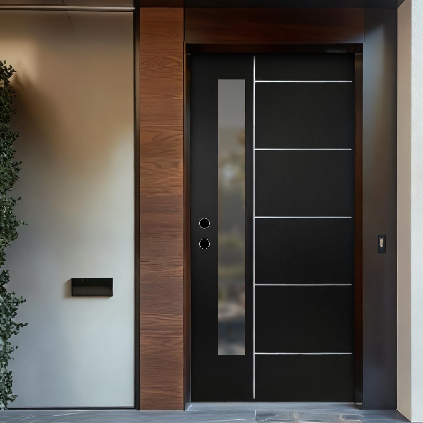 36" x 80" Modern Fiberglass Exterior Door with Frosted Glass, Painted Line Detail, Black Brushed Finish, Right-Hand Inswing