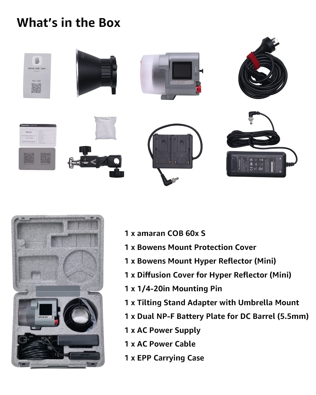 Aputure amaran COB 60xS Video Lighting amaran 60x Upgrade bi-Color Bowens Mount Point-Source LED Studio Light, SSI (D56) of 87, 33,300 lux @ 1m,App Control,9 Lighting FX (amaran 60x S)