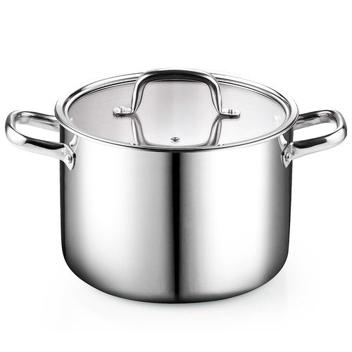 Cook N Home Stainless Steel Stockpot 8 Quart, Tri-Ply Clad Soup Pot with Glass Lid, Induction Compatible, Heavy Duty Canning Pot, Dishwasher Oven Safe, Silver