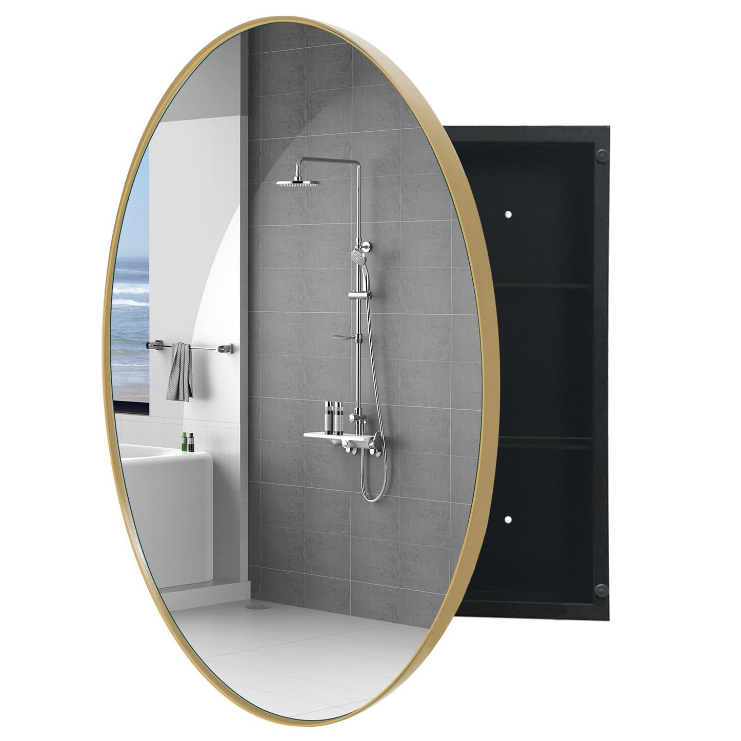 FOMAYKO Farmhouse Round Bathroom Medicine Cabinet with Mirror, 30x30 Inches Surface Wall Mounted Circular Storage Cabinet, Rustic Circle Mirror Cabinet for Bathroom Organizer