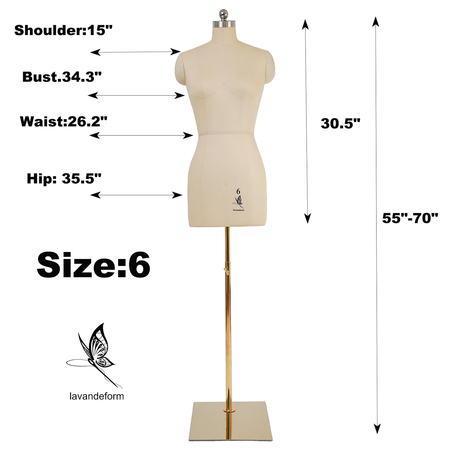 lavandeform Female Dress Model Torso Body Clothing Forms,Sewing Mannequin Foam Body for Pinning.Height Adjustable Stand. (Beige, 6)