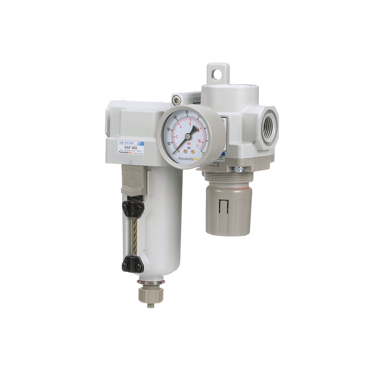 PneumaticPlus SAU420-N04G-MEP Compressed Air Filter Regulator Combo 1/2" NPT - Metal Bowl, Manual Drain, Bracket, Gauge