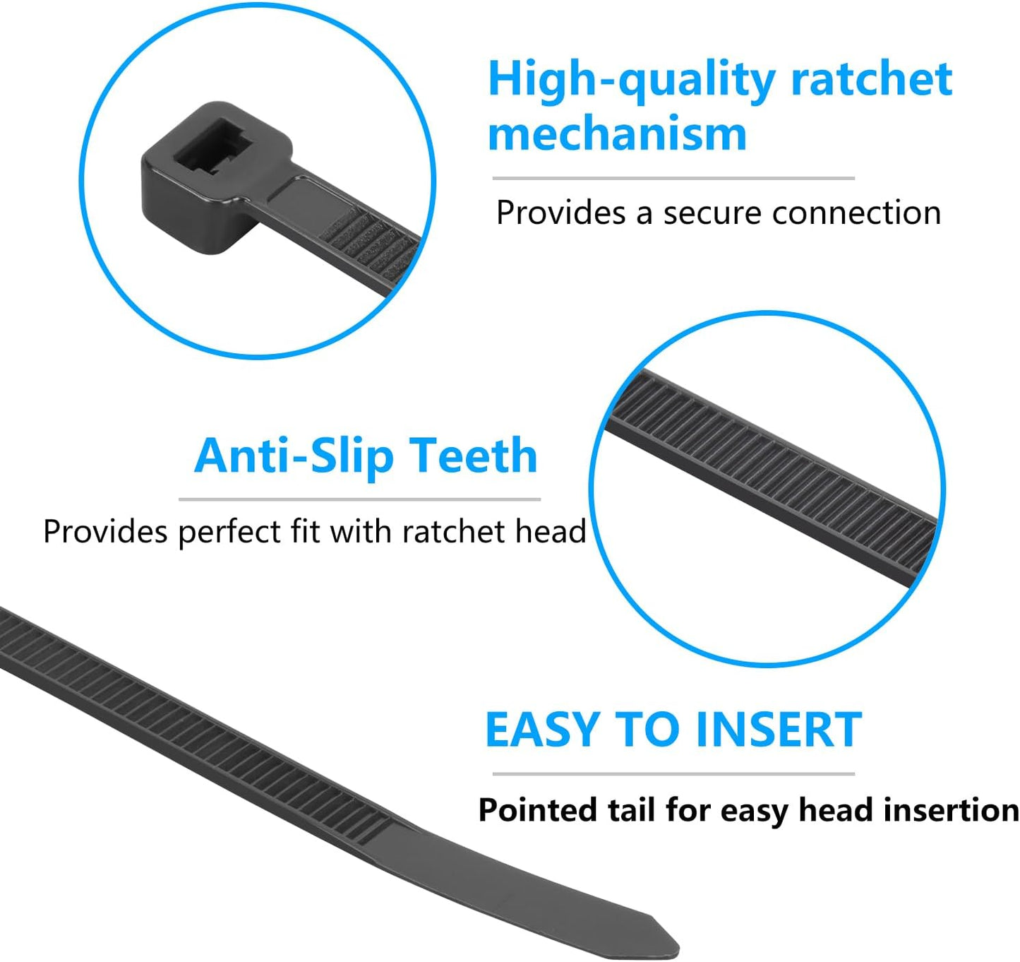 Eletoo 8 Inch (1200 Pack), 35 LBS PA66 Black Zip Ties Tensile Strength, Self-Locking Nylon UV Resistant Cable Ties