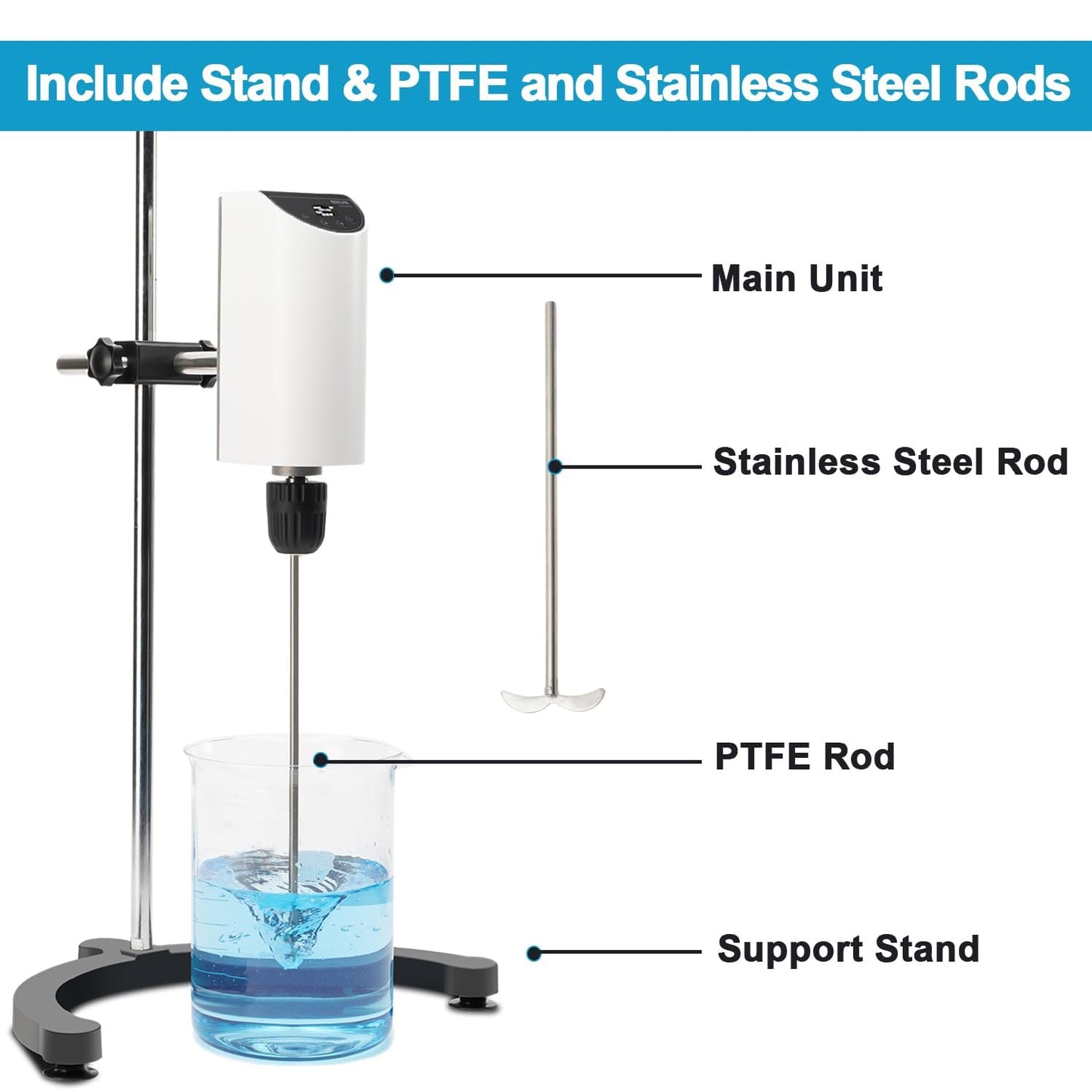 ONiLAB Lab Analog Overhead Stirrer, OLED Digital Overhead Stirrer, 10L Capacity, 200-2500rpm,Max.Viscosity 10000mpas,Overhead Mixer with Support Stand&Two Stirring Rods