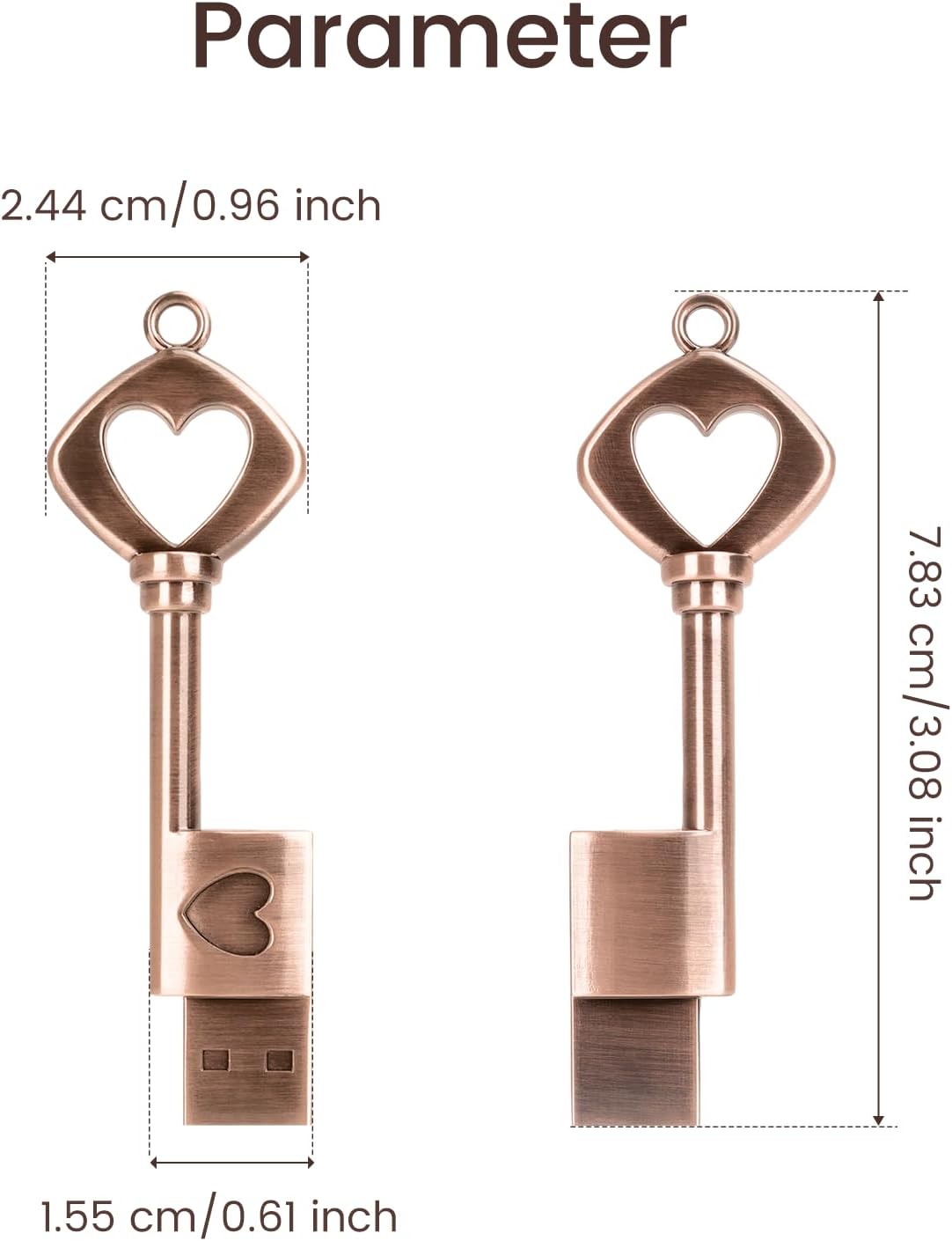 BORLTER CLAMP 32GB 2.0 USB Flash Drive, BorlterClamp Memory Stick Retro Metal Love Heart Key Shaped Thumb Drive