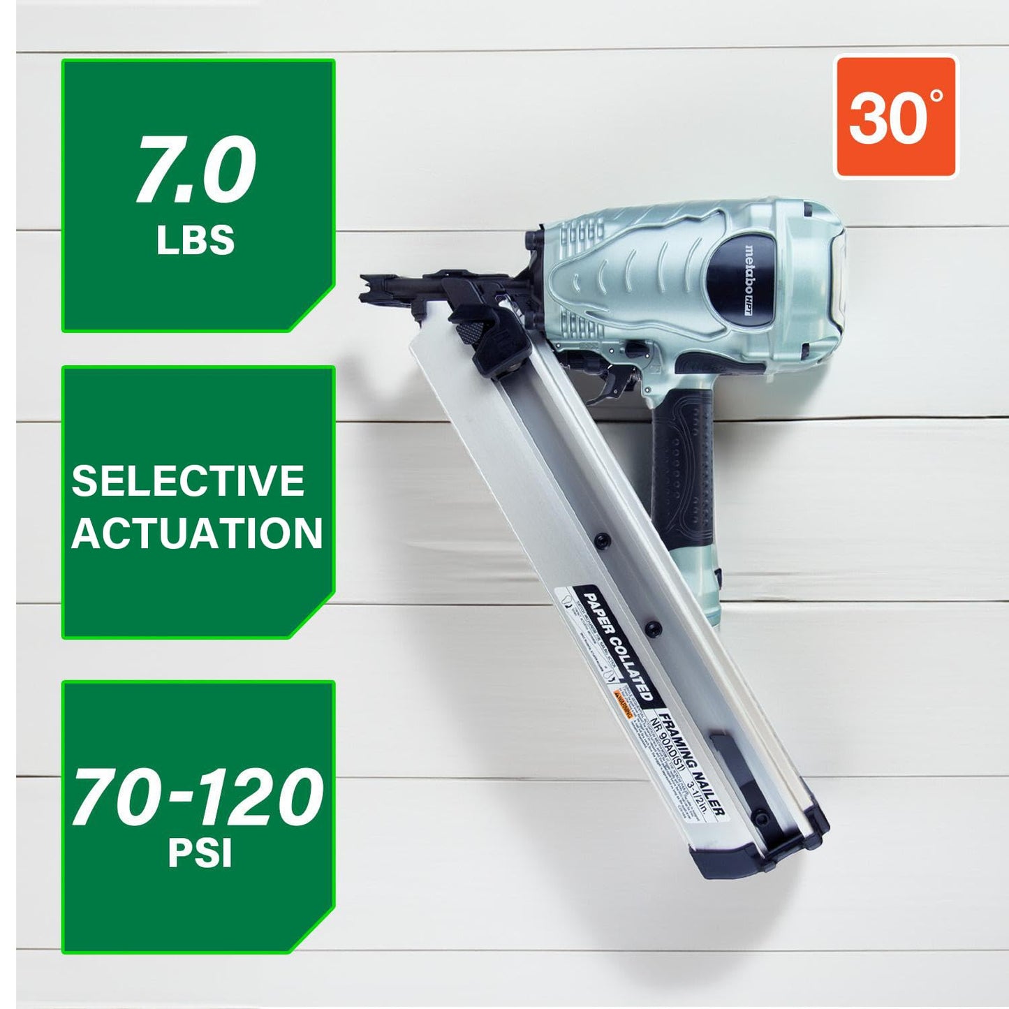 Metabo HPT Framing Nailer, Pro-Preferred Framing Tool for Flooring, Truss Build-Up, Roof Decking, and Housing Construction, Quick Switch Nailing, 3-1/2" 30° Paper Collated Nails, NR90ADS1