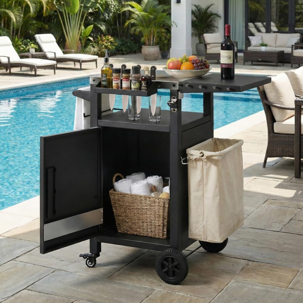 Dfchlda 33.9" Outdoor Grill Cart with Stainless Steel Top, Foldable Table, Storage Cabinet, Pizza Oven Table on Wheels, Hooks & Spice Rack for BBQ, Waterproof Cover Included, Black