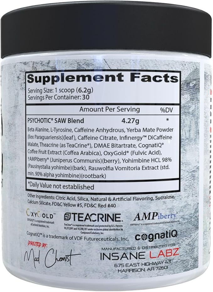 Insane Labz Psychotic Saw, High Stim Pre Workout Powder with OxyGold­??and AMPiberry®,Extreme Lasting Energy with Teacrine®,Focus with CognitIQ® and Endurance with Beta Alanine,30 Srvgs,Blood Orange