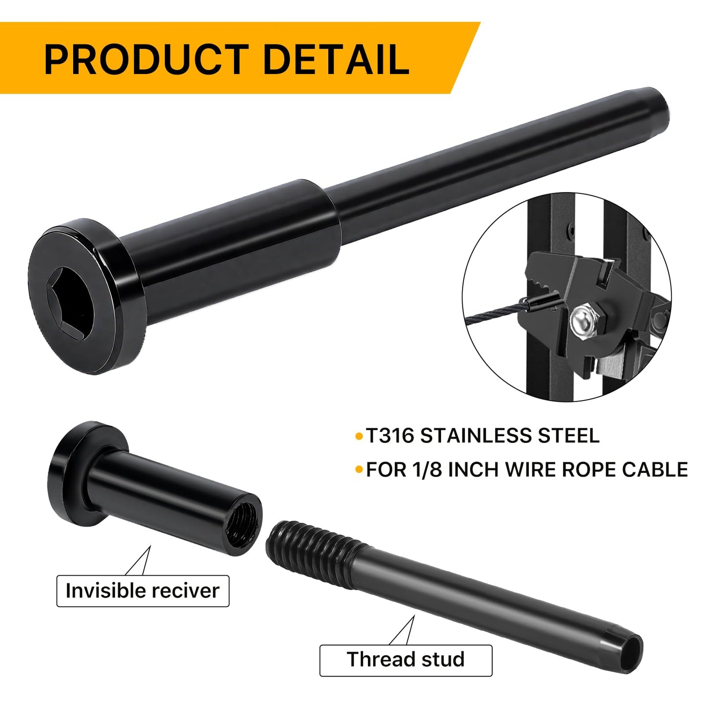 50 Pack 1/8" Black T316 Stainless Steel Invisible Cable Railing Kit，Swage Stud End for Deck, Stair, Wood & Metal Posts ，Black Cable Railing Hardware